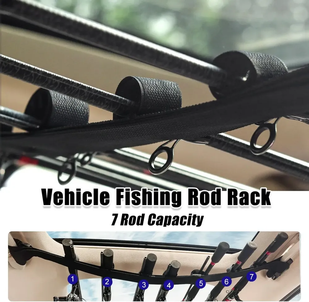 Fishing rod strap looped over the ceiling grab handles inside a car